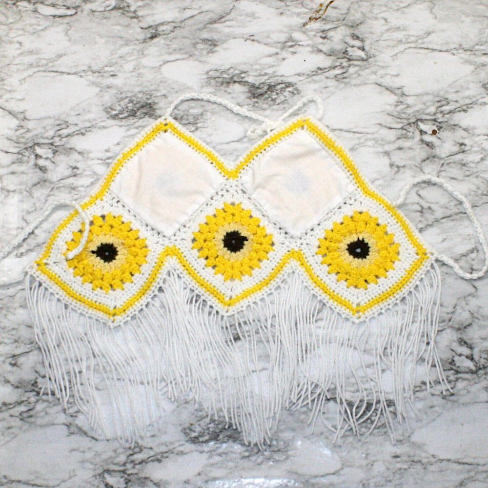 HAND CRAFTED Crop Top Sunflower Crochet Fringe Granny Square Yellow Various - Picture 6 of 15